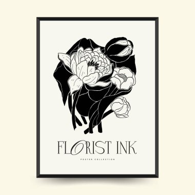 Abstract floral posters template. Modern Botanical trendy black style. Vintage flowers. Ink wall  art.