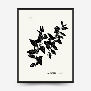 Abstract floral posters template. Modern Botanical trendy black style. Vintage flowers. Ink wall  art.