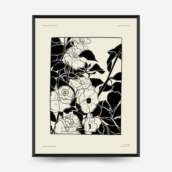 Abstract floral posters template. Modern Botanical trendy black style. Vintage flowers. Ink wall  art.