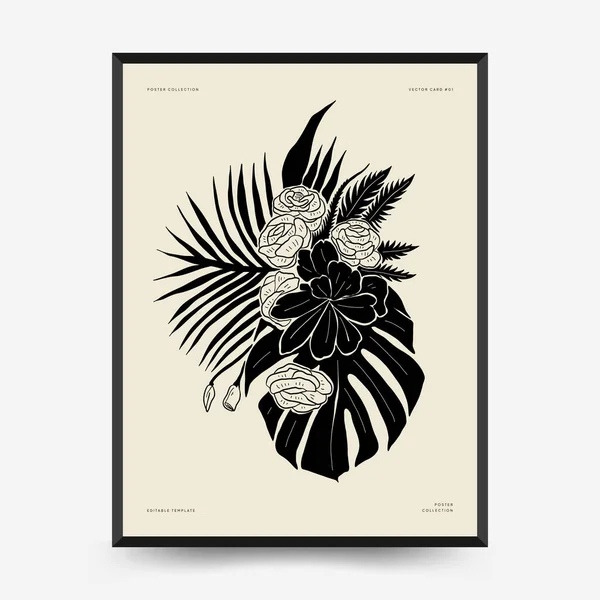 Abstract floral posters template. Modern Botanical trendy black style. Vintage flowers. Ink wall  art.