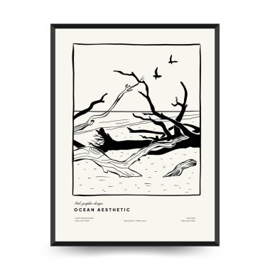 Soyut okyanus ve deniz posterleri şablonları. Modern deniz botanik modası siyah stil. Antika yosun, balık, kabuk. Mürekkep duvarı sanatı.