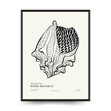 Soyut okyanus ve deniz posterleri şablonları. Modern deniz botanik modası siyah stil. Antika yosun, balık, kabuk. Mürekkep duvarı sanatı.