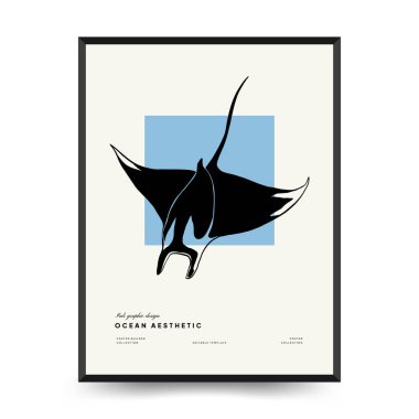 Soyut okyanus ve deniz posterleri şablonları. Modern deniz botanik modası siyah stil. Antika yosun, balık, kabuk. Mürekkep duvarı sanatı.