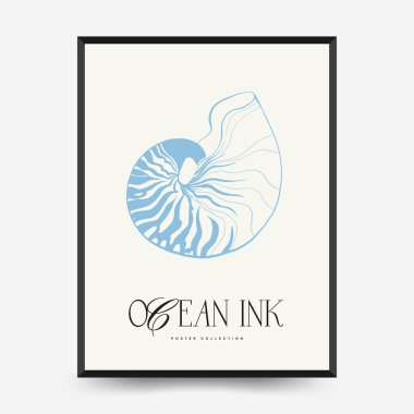 Soyut okyanus ve deniz posterleri şablonları. Modern deniz botanik modası siyah stil. Antika yosun, balık, kabuk. Mürekkep duvarı sanatı.
