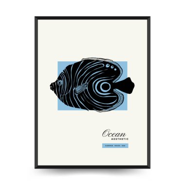 Abstract ocean and sea posters template. Modern sea Botanical trendy black style. Vintage seaweed, fish, shell. Ink wall  art. clipart