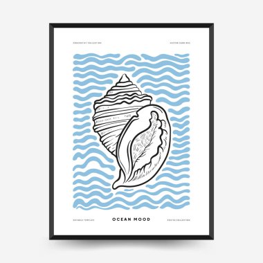 Abstract ocean and sea posters template. Modern sea Botanical trendy black style. Vintage seaweed, fish, shell. Ink wall  art. clipart