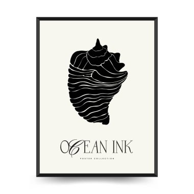 Soyut okyanus ve deniz posterleri şablonları. Modern deniz botanik modası siyah stil. Antika yosun, balık, kabuk. Mürekkep duvarı sanatı.