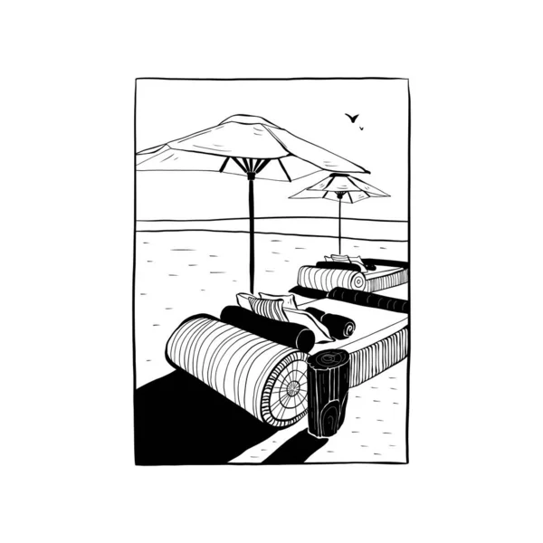 Ocean Sea Botanica Illustration 黑色墨水 涂鸦风格 — 图库矢量图片