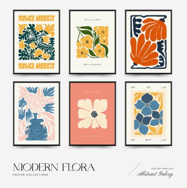 Soyut çiçek posterleri şablonu. Modern trend Matisse minimal tarzı. Pembe ve mavi renkler. Duvar kağıdı, duvar dekoru, baskı, kartpostal, kapak, şablon, pankart için el çizimi tasarımı. 