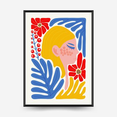 Abstract art posters template. Modern trendy Matisse minimal style. Pink, blue, yellow colors. Hand drawn design for wallpaper, wall decor, print, postcard, cover, template, banner. 
