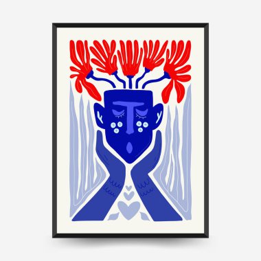 Abstract art posters template. Modern trendy Matisse minimal style. Pink, blue, yellow colors. Hand drawn design for wallpaper, wall decor, print, postcard, cover, template, banner. 