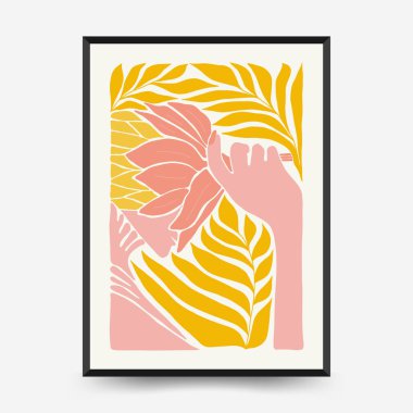 Abstract art posters template. Modern trendy Matisse minimal style. Pink, blue, yellow colors. Hand drawn design for wallpaper, wall decor, print, postcard, cover, template, banner. 