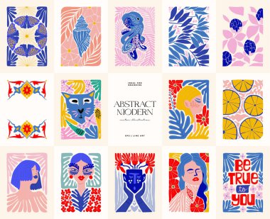 Abstract art posters template. Modern trendy Matisse minimal style. Pink, blue, yellow colors. Hand drawn design for wallpaper, wall decor, print, postcard, cover, template, banner. 