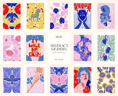 Abstract art posters template. Modern trendy Matisse minimal style. Pink, blue, yellow colors. Hand drawn design for wallpaper, wall decor, print, postcard, cover, template, banner. 