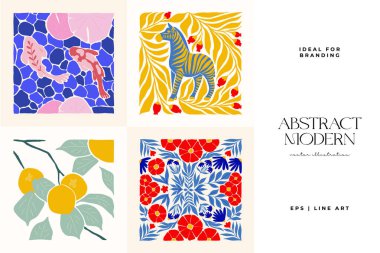 Abstract art posters template. Modern trendy Matisse minimal style. Pink, blue, yellow colors. Hand drawn design for wallpaper, wall decor, print, postcard, cover, template, banner. 