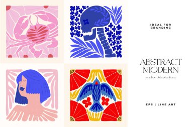 Abstract art posters template. Modern trendy Matisse minimal style. Pink, blue, yellow colors. Hand drawn design for wallpaper, wall decor, print, postcard, cover, template, banner. 