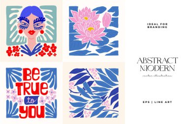 Abstract art posters template. Modern trendy Matisse minimal style. Pink, blue, yellow colors. Hand drawn design for wallpaper, wall decor, print, postcard, cover, template, banner. 