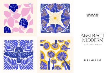 Abstract art posters template. Modern trendy Matisse minimal style. Pink, blue, yellow colors. Hand drawn design for wallpaper, wall decor, print, postcard, cover, template, banner. 