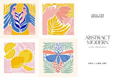 Abstract art posters template. Modern trendy Matisse minimal style. Pink, blue, yellow colors. Hand drawn design for wallpaper, wall decor, print, postcard, cover, template, banner. 