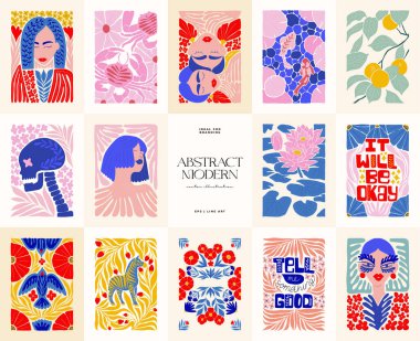 Abstract art posters template. Modern trendy Matisse minimal style. Pink, blue, yellow colors. Hand drawn design for wallpaper, wall decor, print, postcard, cover, template, banner. 