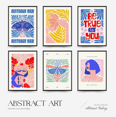 Abstract art posters template. Modern trendy Matisse minimal style. Pink, blue, yellow colors. Hand drawn design for wallpaper, wall decor, print, postcard, cover, template, banner. 