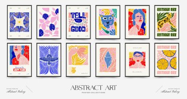 Abstract art posters template. Modern trendy Matisse minimal style. Pink, blue, yellow colors. Hand drawn design for wallpaper, wall decor, print, postcard, cover, template, banner. 