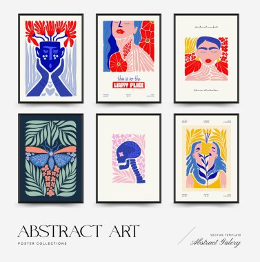 Abstract art posters template. Modern trendy Matisse minimal style. Pink, blue, yellow colors. Hand drawn design for wallpaper, wall decor, print, postcard, cover, template, banner. 