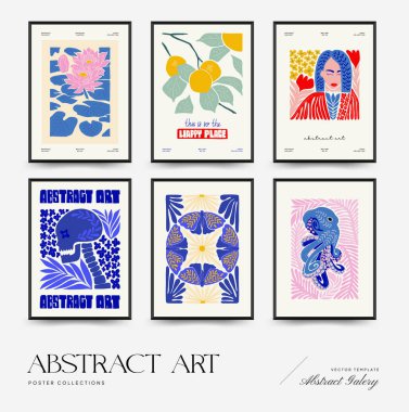 Abstract art posters template. Modern trendy Matisse minimal style. Pink, blue, yellow colors. Hand drawn design for wallpaper, wall decor, print, postcard, cover, template, banner. 