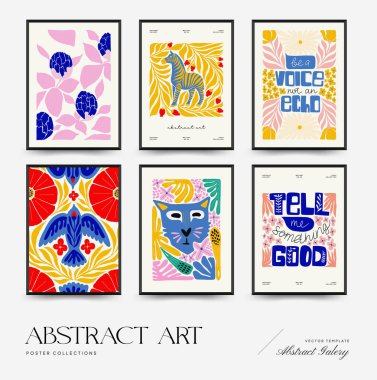Abstract art posters template. Modern trendy Matisse minimal style. Pink, blue, yellow colors. Hand drawn design for wallpaper, wall decor, print, postcard, cover, template, banner. 