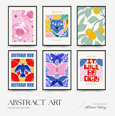 Abstract art posters template. Modern trendy Matisse minimal style. Pink, blue, yellow colors. Hand drawn design for wallpaper, wall decor, print, postcard, cover, template, banner. 