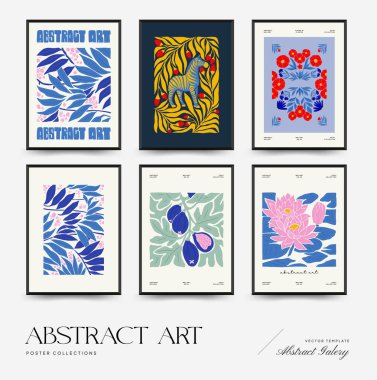 Abstract art posters template. Modern trendy Matisse minimal style. Pink, blue, yellow colors. Hand drawn design for wallpaper, wall decor, print, postcard, cover, template, banner. 