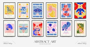 Abstract art posters template. Modern trendy Matisse minimal style. Pink, blue, yellow colors. Hand drawn design for wallpaper, wall decor, print, postcard, cover, template, banner. 