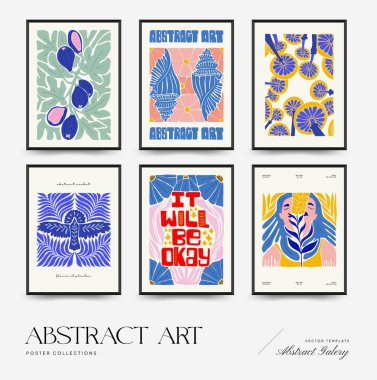 Abstract art posters template. Modern trendy Matisse minimal style. Pink, blue, yellow colors. Hand drawn design for wallpaper, wall decor, print, postcard, cover, template, banner. 