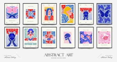 Abstract art posters template. Modern trendy Matisse minimal style. Pink, blue, yellow colors. Hand drawn design for wallpaper, wall decor, print, postcard, cover, template, banner. 