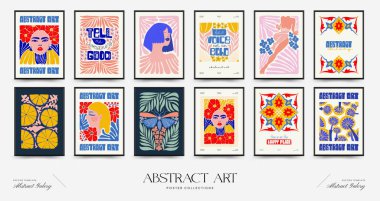 Abstract art posters template. Modern trendy Matisse minimal style. Pink, blue, yellow colors. Hand drawn design for wallpaper, wall decor, print, postcard, cover, template, banner. 