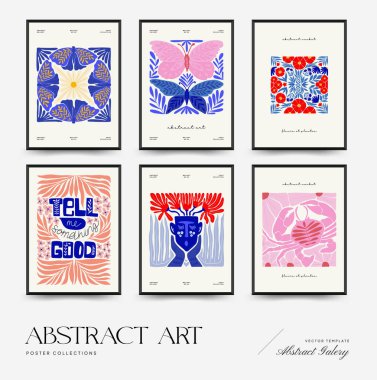 Abstract art posters template. Modern trendy Matisse minimal style. Pink, blue, yellow colors. Hand drawn design for wallpaper, wall decor, print, postcard, cover, template, banner. 