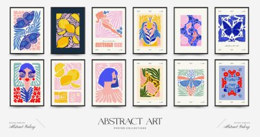 Abstract art posters template. Modern trendy Matisse minimal style. Pink, blue, yellow colors. Hand drawn design for wallpaper, wall decor, print, postcard, cover, template, banner. 