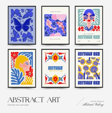 Abstract art posters template. Modern trendy Matisse minimal style. Pink, blue, yellow colors. Hand drawn design for wallpaper, wall decor, print, postcard, cover, template, banner. 