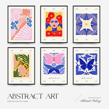 Abstract art posters template. Modern trendy Matisse minimal style. Pink, blue, yellow colors. Hand drawn design for wallpaper, wall decor, print, postcard, cover, template, banner. 