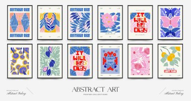 Abstract art posters template. Modern trendy Matisse minimal style. Pink, blue, yellow colors. Hand drawn design for wallpaper, wall decor, print, postcard, cover, template, banner. 