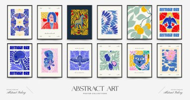 Abstract art posters template. Modern trendy Matisse minimal style. Pink, blue, yellow colors. Hand drawn design for wallpaper, wall decor, print, postcard, cover, template, banner. 