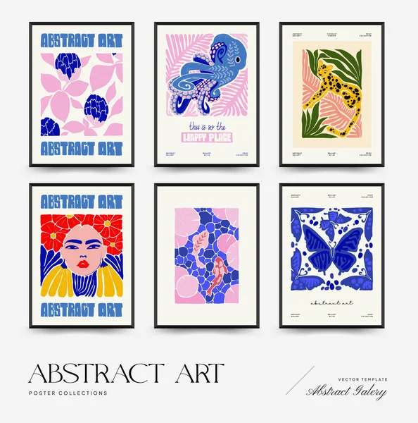 Abstract art posters template. Modern trendy Matisse minimal style. Pink, blue, yellow colors. Hand drawn design for wallpaper, wall decor, print, postcard, cover, template, banner. 