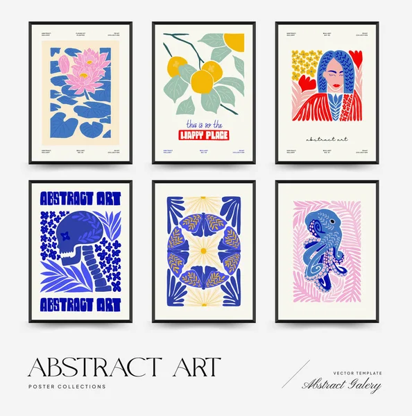 Abstract art posters template. Modern trendy Matisse minimal style. Pink, blue, yellow colors. Hand drawn design for wallpaper, wall decor, print, postcard, cover, template, banner. 