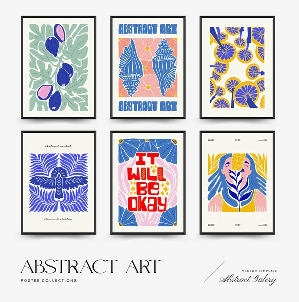 Abstract art posters template. Modern trendy Matisse minimal style. Pink, blue, yellow colors. Hand drawn design for wallpaper, wall decor, print, postcard, cover, template, banner. 