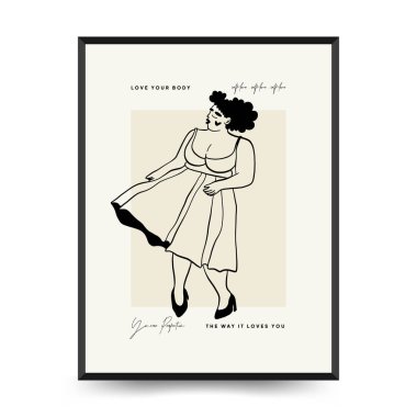 Feminism body positive poster template, wall art with minimalistic female figure, love to own figure, female freedom, girl power isolated vector illustration. Abstract body Art design for print, cover, wallpaper, Minimal wall art.