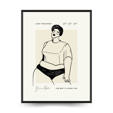 Feminism body positive poster template, wall art with minimalistic female figure, love to own figure, female freedom, girl power isolated vector illustration. Abstract body Art design for print, cover, wallpaper, Minimal wall art.