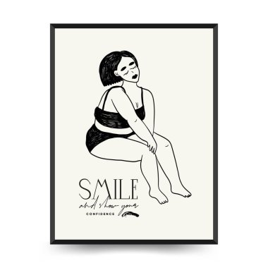 Feminism body positive poster template, wall art with minimalistic female figure, love to own figure, female freedom, girl power isolated vector illustration. Abstract body Art design for print, cover, wallpaper, Minimal wall art.