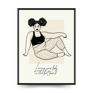 Feminism body positive poster template, wall art with minimalistic female figure, love to own figure, female freedom, girl power isolated vector illustration. Abstract body Art design for print, cover, wallpaper, Minimal wall art.