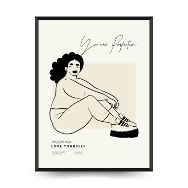 Feminism body positive poster template, wall art with minimalistic female figure, love to own figure, female freedom, girl power isolated vector illustration. Abstract body Art design for print, cover, wallpaper, Minimal wall art.