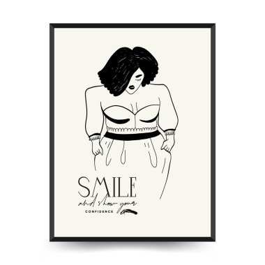 Feminism body positive poster template, wall art with minimalistic female figure, love to own figure, female freedom, girl power isolated vector illustration. Abstract body Art design for print, cover, wallpaper, Minimal wall art.
